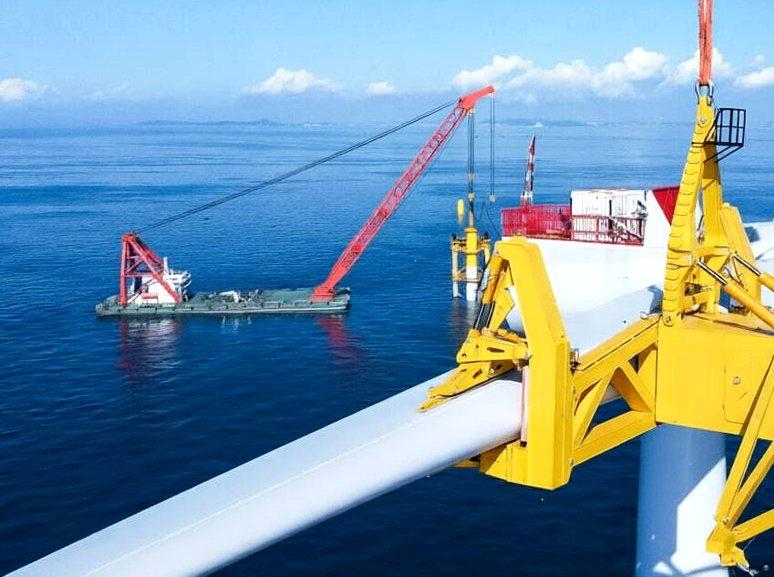 Offshore wind turbine installation vessel at work